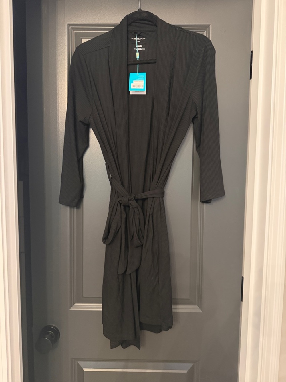 Posh Peanut Lightweight Ribbed Black Wrap Robe with Belt